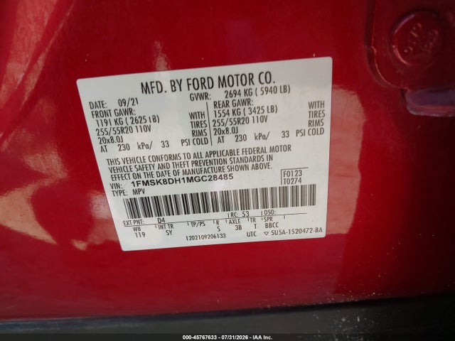 Продажа на аукционе авто 2021 Ford Explorer Xlt, vin: 1FMSK8DH1MGC28485, номер лота: 45767633