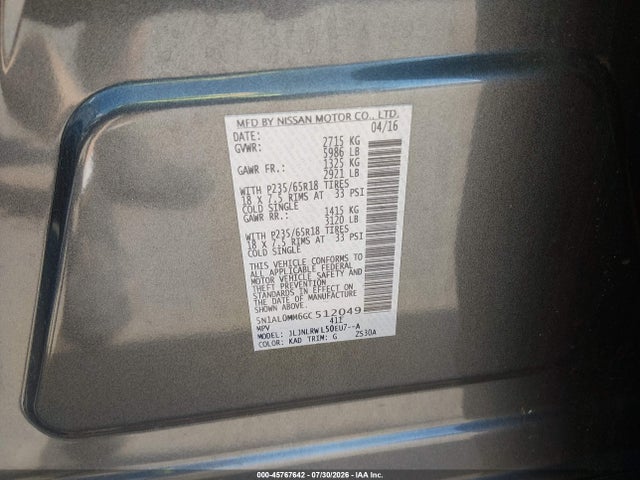 45767642 :رقم المزاد ، 5N1AL0MM6GC512049 vin ، 2016 Infiniti Qx60 مزاد بيع