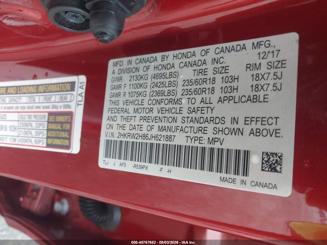 2HKRW2H86JH621887 Honda Cr-v Ex-l/ex-l Navi