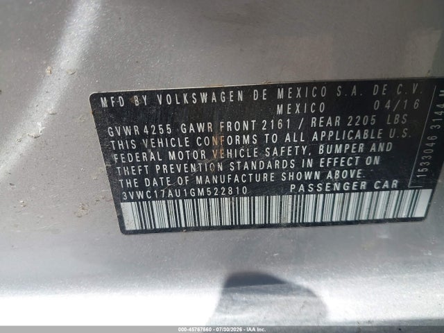 Aukcja sprzedaży 2016 Volkswagen Golf Sportwagen Tsi S 4-door, vin: 3VWC17AU1GM522810, numer aukcji: 45767660