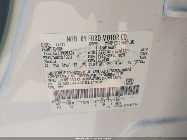 Aukcja sprzedaży 2013 Lincoln Mkx, vin: 2LMDJ8JK8DBL21382, numer aukcji: 45767662