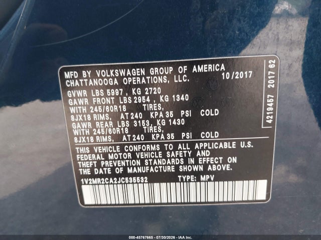 Aukcja sprzedaży 2018 Volkswagen Atlas 3.6l V6 Sel, vin: 1V2MR2CA2JC535532, numer aukcji: 45767665
