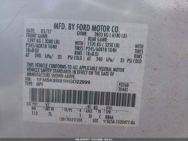 Ford Explorer 2017 1FM5K8B81HGD22999 Image 9