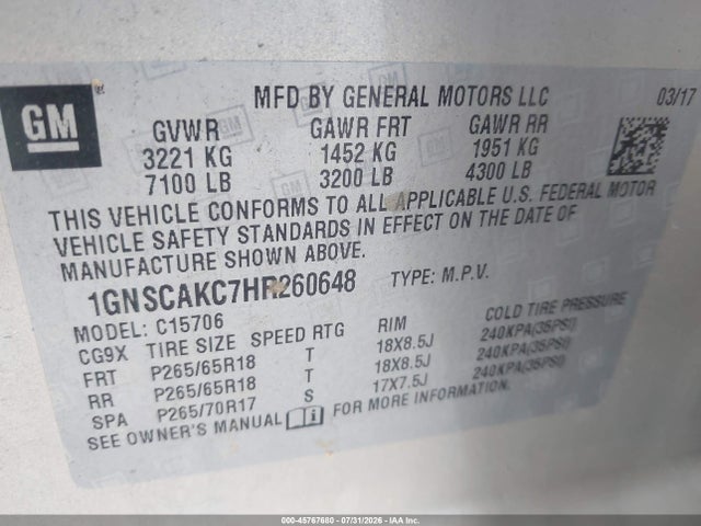 Chevrolet Tahoe Ls 2017 1GNSCAKC7HR260648 Image 9