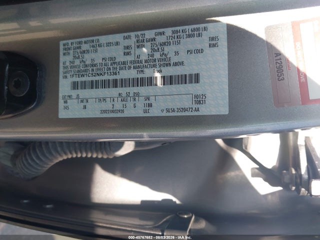 45767682 :رقم المزاد ، 1FTEW1C52NKF13361 vin ، 2022 Ford F-150 Xl مزاد بيع