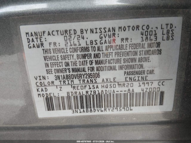 Aukcja sprzedaży 2024 Nissan Sentra Sr Xtronic Cvt, vin: 3N1AB8DV6RY295906, numer aukcji: 45767685