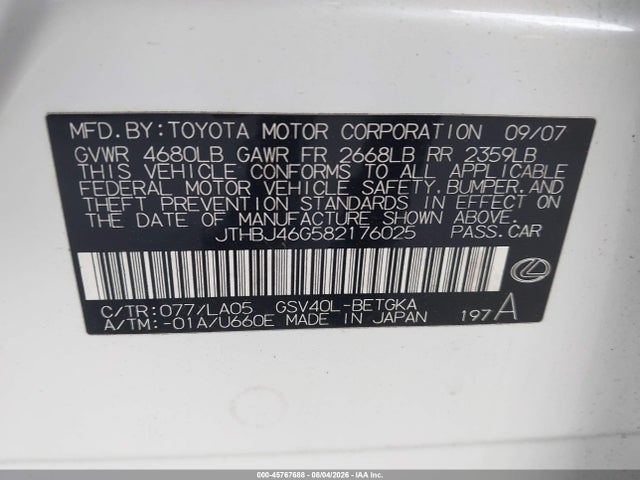 Aukcja sprzedaży 2008 Lexus Es 350, vin: JTHBJ46G582176025, numer aukcji: 45767688