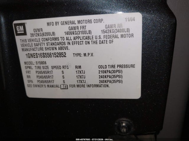 Продаж на аукціоні авто 2005 Chevrolet Trailblazer Ext Ls, vin: 1GNES16S556152852, номер лоту: 45767693