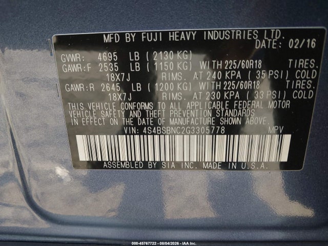 Aukcja sprzedaży 2016 Subaru Outback 2.5i Limited, vin: 4S4BSBNC2G3305778, numer aukcji: 45767722