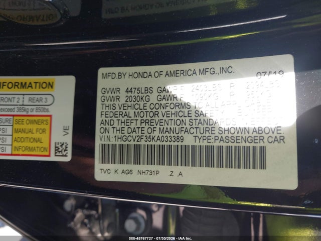 1HGCV2F35KA033389 Honda Accord Sport 2.0t