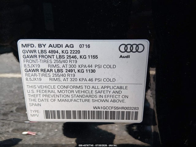 Aukcja sprzedaży 2017 Audi Q3 2.0t Premium, vin: WA1GCCFS5HR003283, numer aukcji: 45767745
