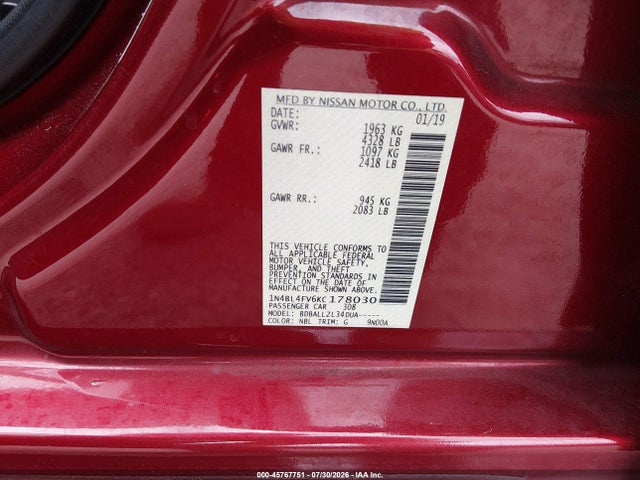 45767751 :رقم المزاد ، 1N4BL4FV6KC178030 vin ، 2019 Nissan Altima 2.5 Platinum مزاد بيع