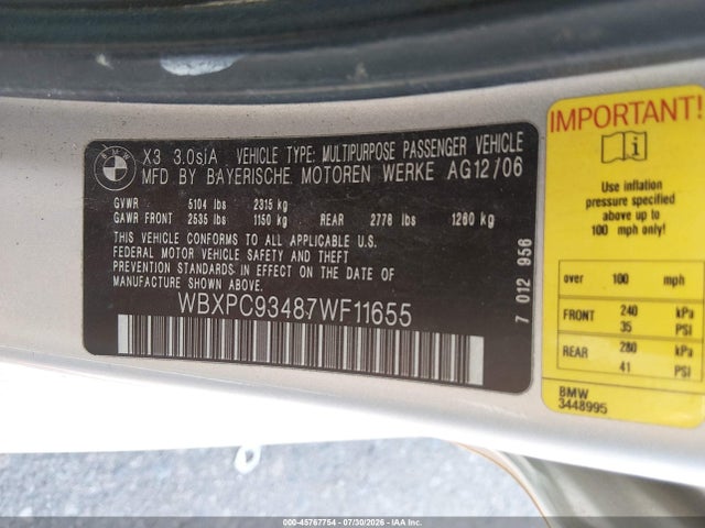 Aukcja sprzedaży 2007 Bmw X3 3.0si, vin: WBXPC93487WF11655, numer aukcji: 45767754