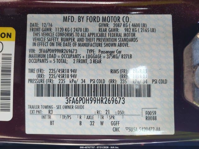 Продажа на аукционе авто 2017 Ford Fusion Se, vin: 3FA6P0H99HR269673, номер лота: 45767757