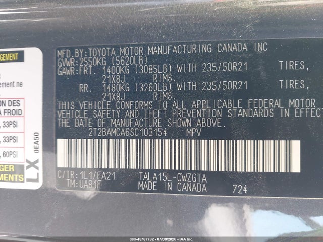 45767782 :رقم المزاد ، 2T2BAMCA6SC103154 vin ، 2025 Lexus Rx 350 Premium مزاد بيع