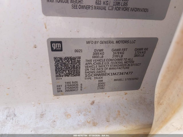 2021 Chevrolet Silverado 1500 2wd  Standard Bed Custom მანქანა იყიდება აუქციონზე, vin: 1GCRWBEK1MZ347477, აუქციონის ნომერი: 45767784