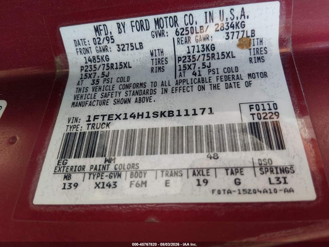 45767820 :رقم المزاد ، 1FTEX14H1SKB11171 vin ، 1995 Ford F150 مزاد بيع