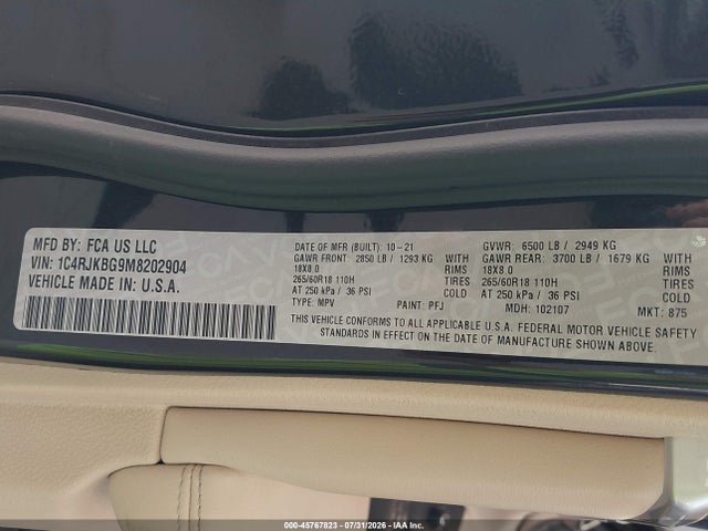 Aukcja sprzedaży 2021 Jeep Grand Cherokee L Limited 4x4, vin: 1C4RJKBG9M8202904, numer aukcji: 45767823