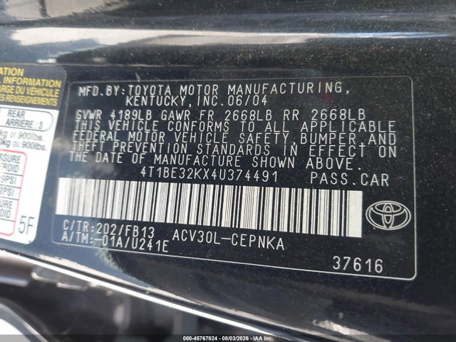 Auction sale of the 2004 Toyota Camry Le, vin: 4T1BE32KX4U374491, lot number: 45767824