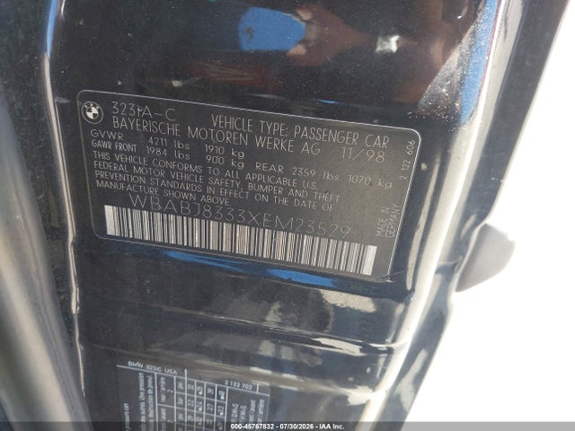 45767832 :رقم المزاد ، WBABJ8333XEM23529 vin ، 1999 Bmw 323ic مزاد بيع