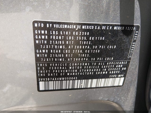 Auction sale of the 2021 Volkswagen Tiguan 2.0t Se/2.0t Se R-line Black/2.0t Sel, vin: 3VV3B7AX4MM050643, lot number: 45767837