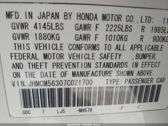Aukcja sprzedaży 2007 Honda Accord 2.4 Se, vin: JHMCM56307C021700, numer aukcji: 45767840