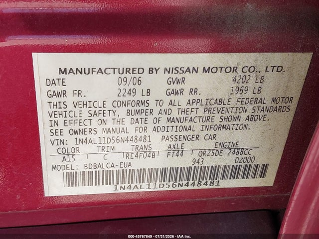 Aukcja sprzedaży 2006 Nissan Altima 2.5 S, vin: 1N4AL11D56N448481, numer aukcji: 45767849