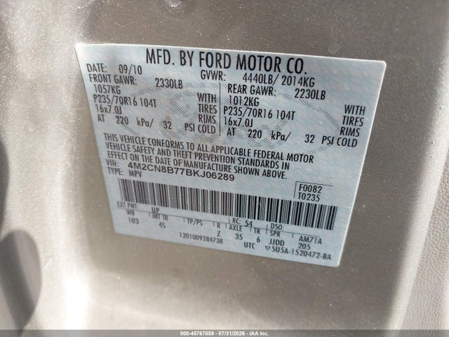 2011 Mercury Mariner მანქანა იყიდება აუქციონზე, vin: 4M2CN8B77BKJ06289, აუქციონის ნომერი: 45767859