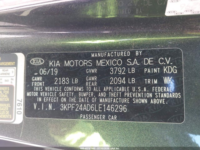 45767860 :رقم المزاد ، 3KPF24AD6LE146296 vin ، 2020 Kia Forte Lxs مزاد بيع