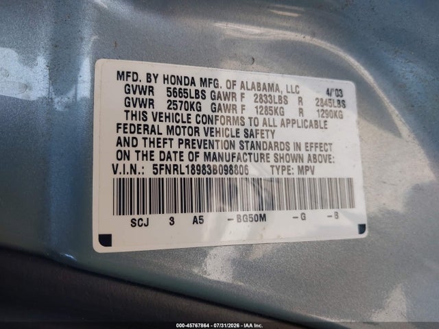 Продаж на аукціоні авто 2003 Honda Odyssey Ex-l, vin: 5FNRL18983B098806, номер лоту: 45767864