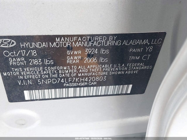 Aukcja sprzedaży 2019 Hyundai Elantra Se, vin: 5NPD74LF7KH420803, numer aukcji: 45767866