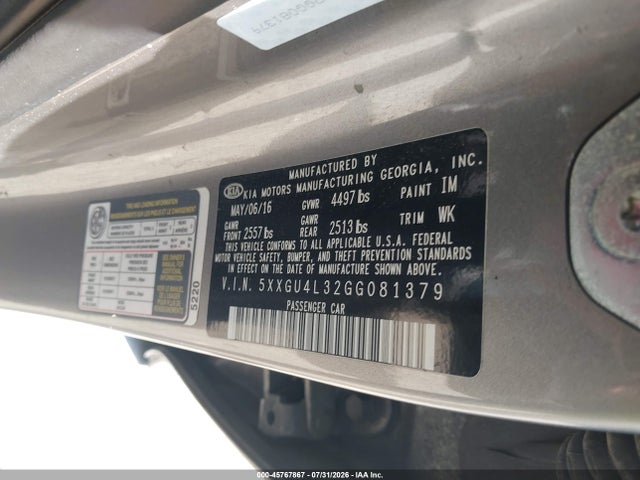 Aukcja sprzedaży 2016 Kia Optima Ex, vin: 5XXGU4L32GG081379, numer aukcji: 45767867