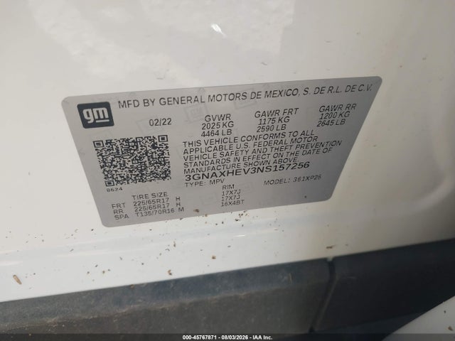 45767871 :رقم المزاد ، 3GNAXHEV3NS157256 vin ، 2022 Chevrolet Equinox Fwd Ls مزاد بيع