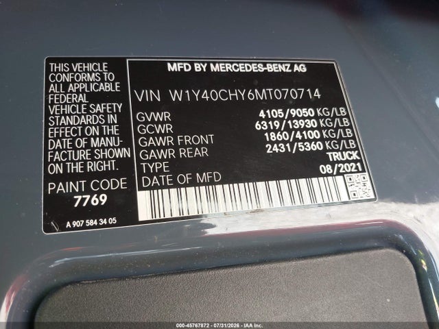 Aukcja sprzedaży 2021 Mercedes-benz Sprinter 2500 High Roof I4, vin: W1Y40CHY6MT070714, numer aukcji: 45767872