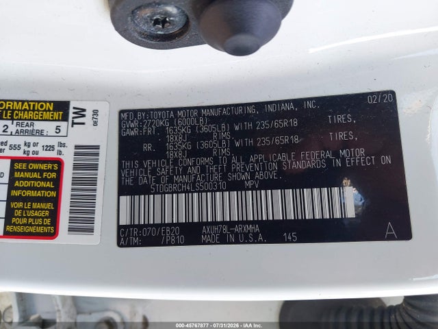 Продажа на аукционе авто 2020 Toyota Highlander Hybrid Xle, vin: 5TDGBRCH4LS500310, номер лота: 45767877