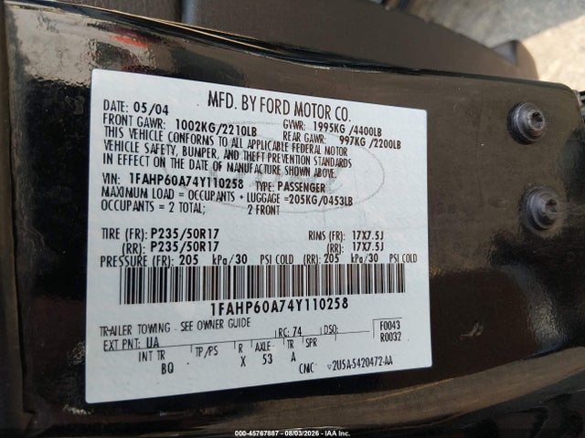Продажа на аукционе авто 2004 Ford Thunderbird, vin: 1FAHP60A74Y110258, номер лота: 45767887