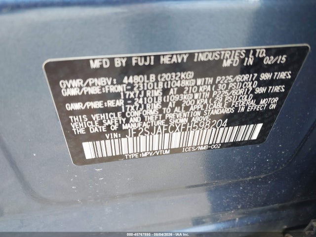 Продаж на аукціоні авто 2015 Subaru Forester 2.5i Premium, vin: JF2SJAFCXFH598204, номер лоту: 45767895