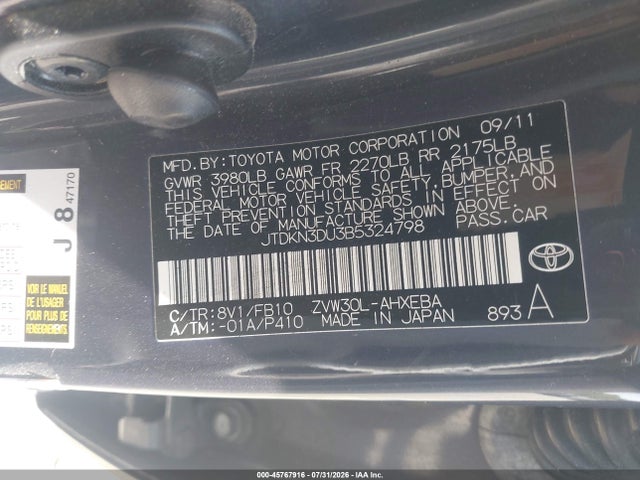 Aukcja sprzedaży 2011 Toyota Prius Two, vin: JTDKN3DU3B5324798, numer aukcji: 45767916