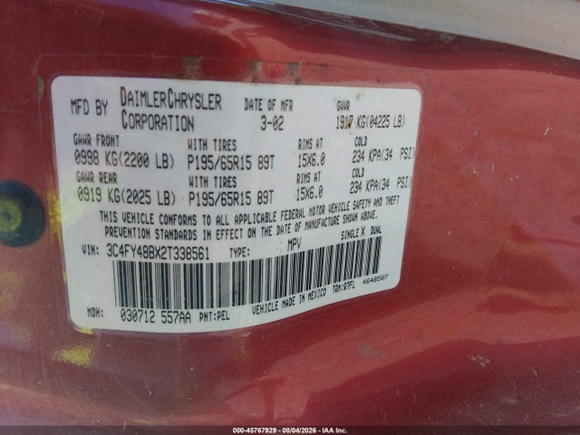 Aukcja sprzedaży 2002 Chrysler Pt Cruiser, vin: 3C4FY48BX2T338561, numer aukcji: 45767929