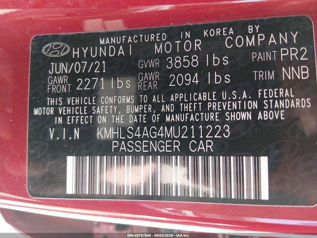 Продаж на аукціоні авто 2021 Hyundai Elantra Sel, vin: KMHLS4AG4MU211223, номер лоту: 45767940