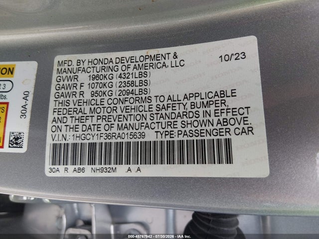 1HGCY1F36RA015639 Honda ACCORD EX