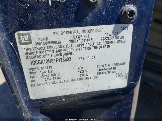 2001 Chevrolet Silverado 1500hd Lt მანქანა იყიდება აუქციონზე, vin: 1GCGK13U81F173633, აუქციონის ნომერი: 45767944