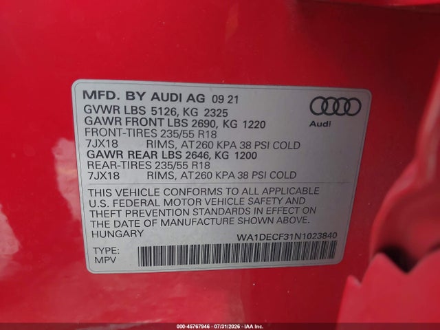 2022 Audi Q3 Premium 45 Tfsi S Line Quattro Tiptronic მანქანა იყიდება აუქციონზე, vin: WA1DECF31N1023840, აუქციონის ნომერი: 45767946