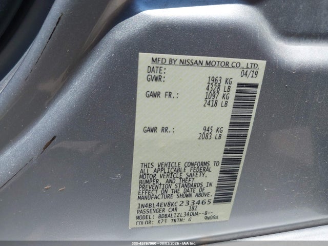 Aukcja sprzedaży 2019 Nissan Altima 2.5 Sl, vin: 1N4BL4EV8KC233465, numer aukcji: 45767960