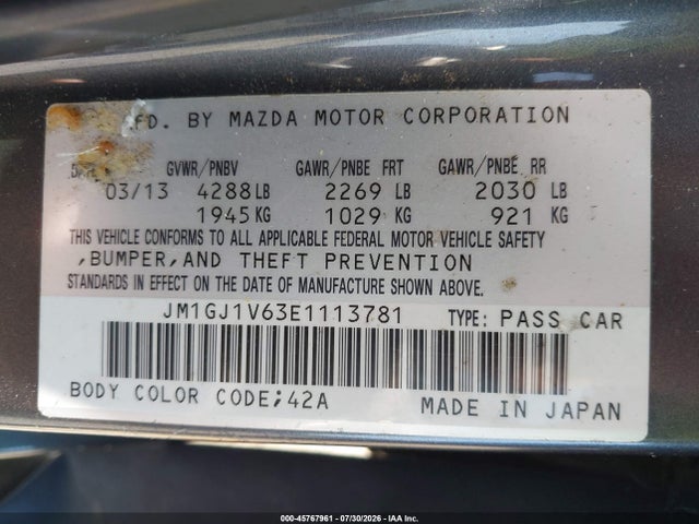 Продаж на аукціоні авто 2014 Mazda Mazda6 I Touring, vin: JM1GJ1V63E1113781, номер лоту: 45767961