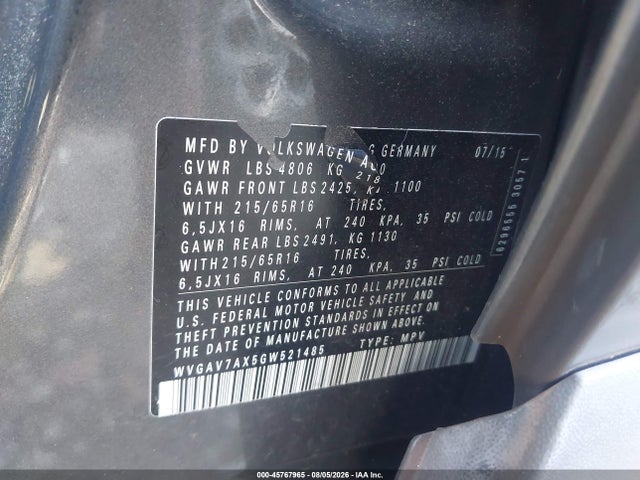 Продажа на аукционе авто 2016 Volkswagen Tiguan S, vin: WVGAV7AX5GW521485, номер лота: 45767965