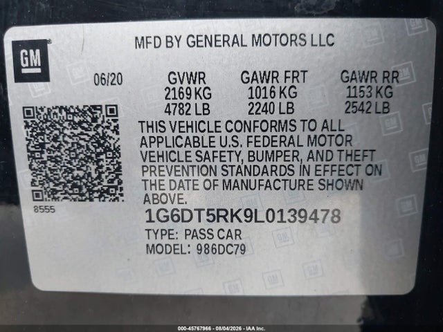 45767966 :رقم المزاد ، 1G6DT5RK9L0139478 vin ، 2020 Cadillac Ct5 Premium Luxury مزاد بيع