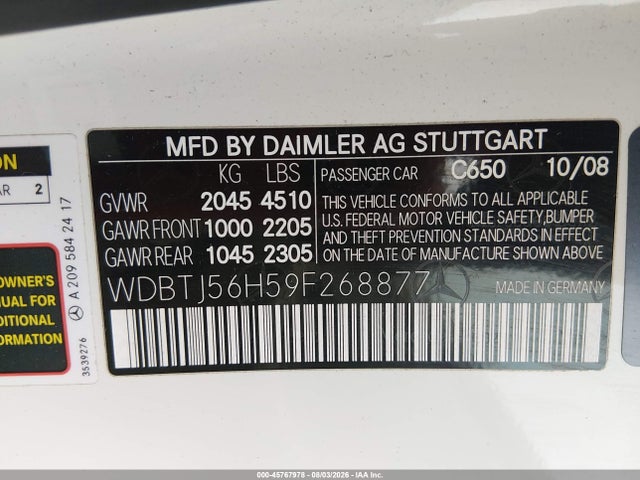 2009 Mercedes-benz Clk 350 მანქანა იყიდება აუქციონზე, vin: WDBTJ56H59F268877, აუქციონის ნომერი: 45767978