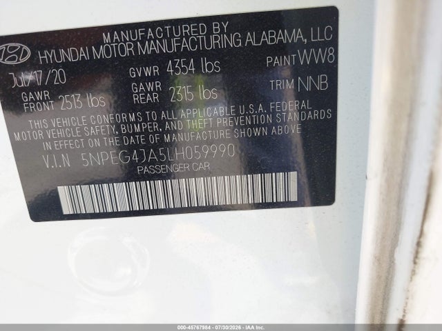 Hyundai SONATA SE 2020 5NPEG4JA5LH059990 Image 9