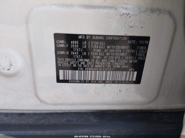 Продажа на аукционе авто 2019 Subaru Outback 2.5i Premium, vin: 4S4BSAHC5K3265677, номер лота: 45767986